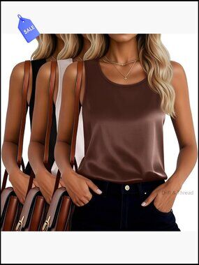 3 Pack Satin Tank Tops Scoop Neck Camisole Blouse Summer Work Undershirt